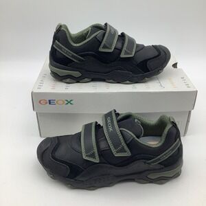 Geox Respira J Buller Kids Black Leather Sneakers with Hook & Loop Straps Shoes